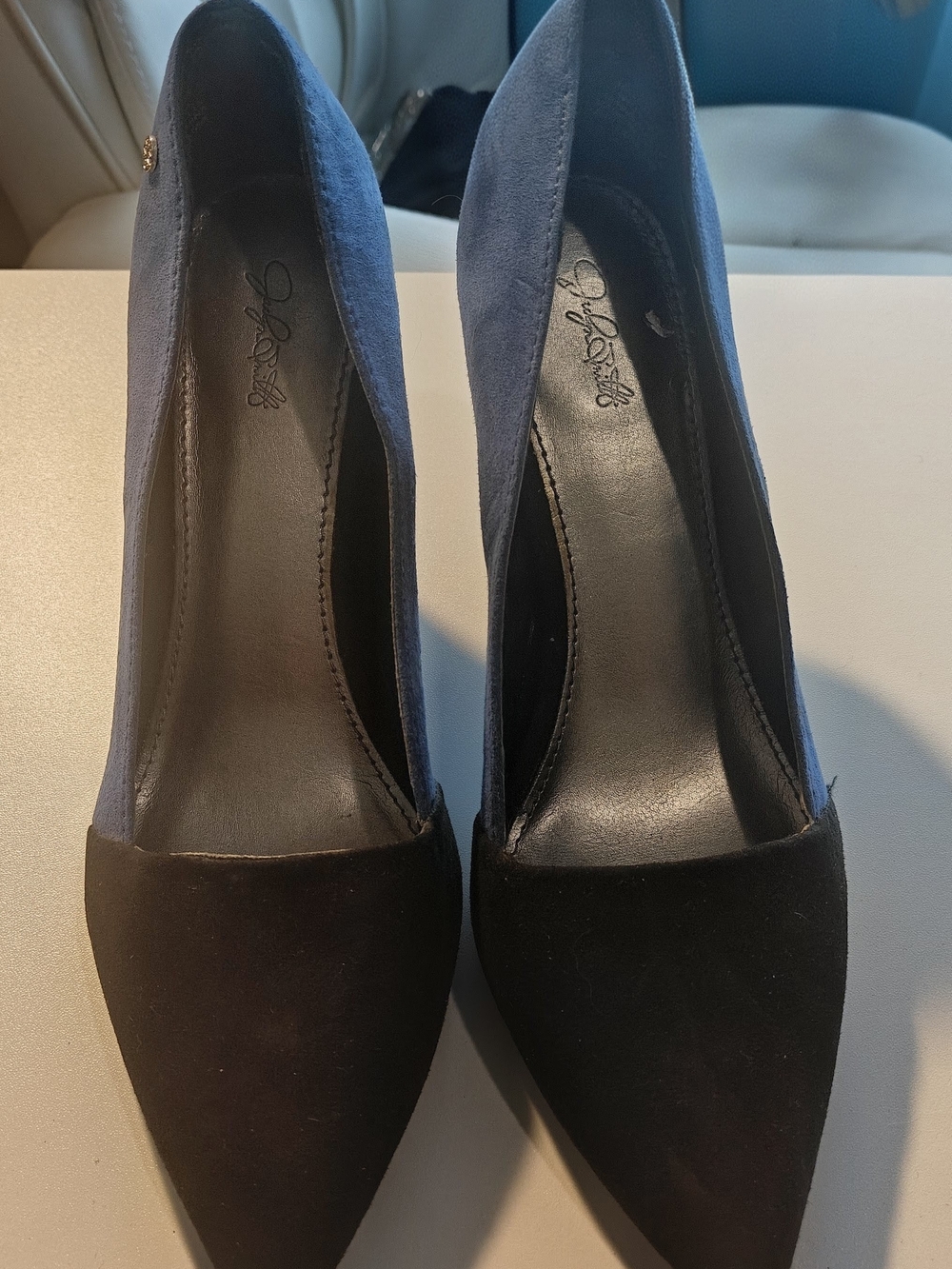 Two-Tone Blue and Black Pointed Toe Pumps